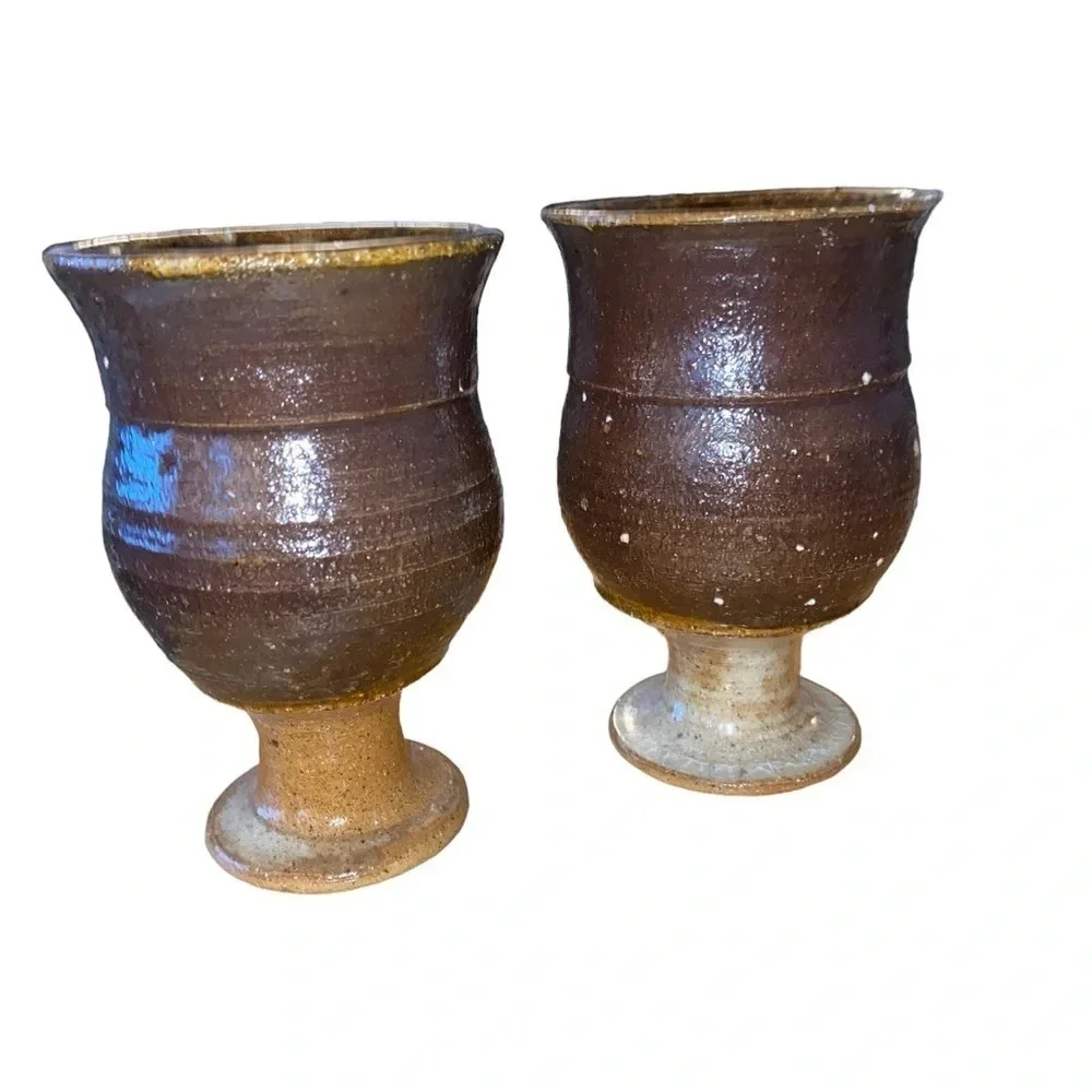 Vintage handmade stoneware pottery goblet / wine glasses / chalices